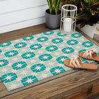 Mid Century Modern Atomic Stars Light Pastel Teal and Cream Retro Checkered Starburst Pattern Outdoor Rug Gallery Image 2