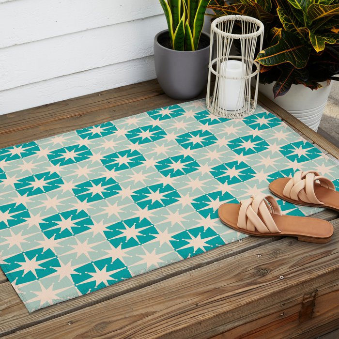 Mid Century Modern Atomic Stars Light Pastel Teal and Cream Retro Checkered Starburst Pattern Outdoor Rug Gallery Image 2