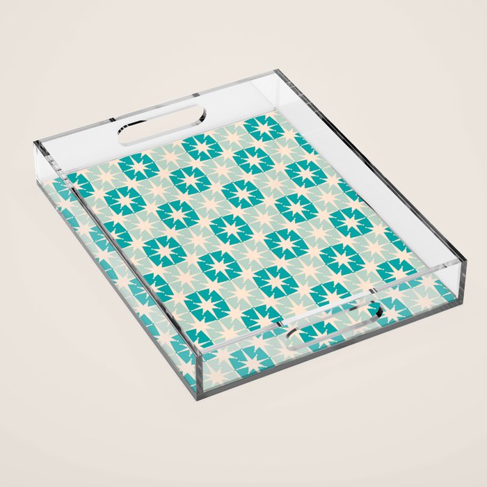 Mid Century Modern Atomic Stars Light Pastel Teal and Cream Retro Checkered Starburst Pattern Acrylic Tray Gallery Image 1