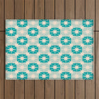 Mid Century Modern Atomic Stars Light Pastel Teal and Cream Retro Checkered Starburst Pattern Outdoor Rug Gallery Image 1