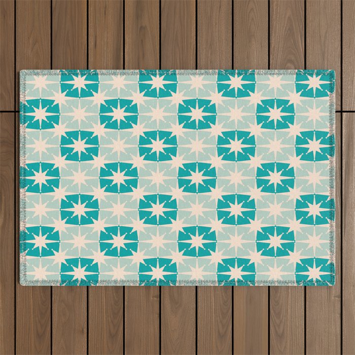 Mid Century Modern Atomic Stars Light Pastel Teal and Cream Retro Checkered Starburst Pattern Outdoor Rug Gallery Image 1