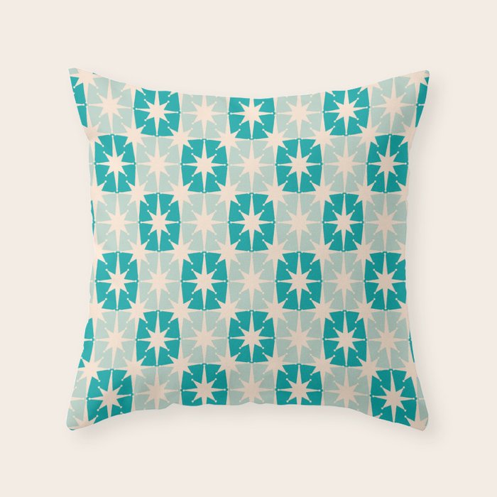 Mid Century Modern Atomic Stars Light Pastel Teal and Cream Retro Checkered Starburst Pattern Throw Pillow Gallery Image 6