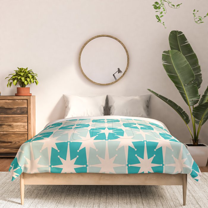 Mid Century Modern Atomic Stars Light Pastel Teal and Cream Retro Checkered Starburst Pattern Comforter Gallery Image 3
