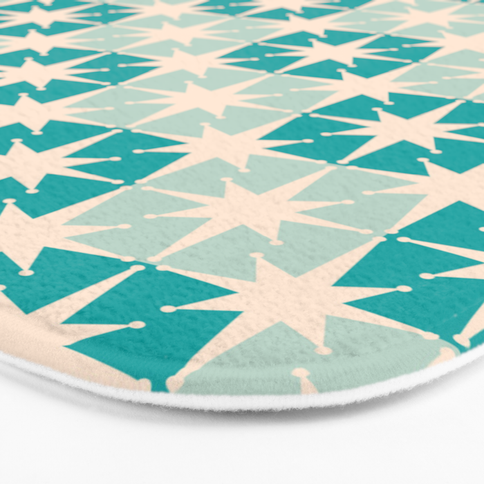 Mid Century Modern Atomic Stars Light Pastel Teal and Cream Retro Checkered Starburst Pattern Bath Mat Gallery Image 3