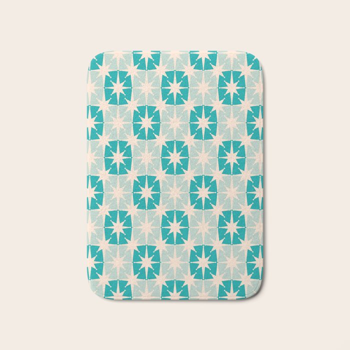 Mid Century Modern Atomic Stars Light Pastel Teal and Cream Retro Checkered Starburst Pattern Bath Mat Gallery Image 1