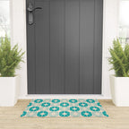 Mid Century Modern Atomic Stars Light Pastel Teal and Cream Retro Checkered Starburst Pattern Welcome Mat Gallery Image 3