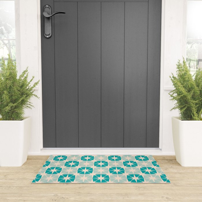 Mid Century Modern Atomic Stars Light Pastel Teal and Cream Retro Checkered Starburst Pattern Welcome Mat Gallery Image 3