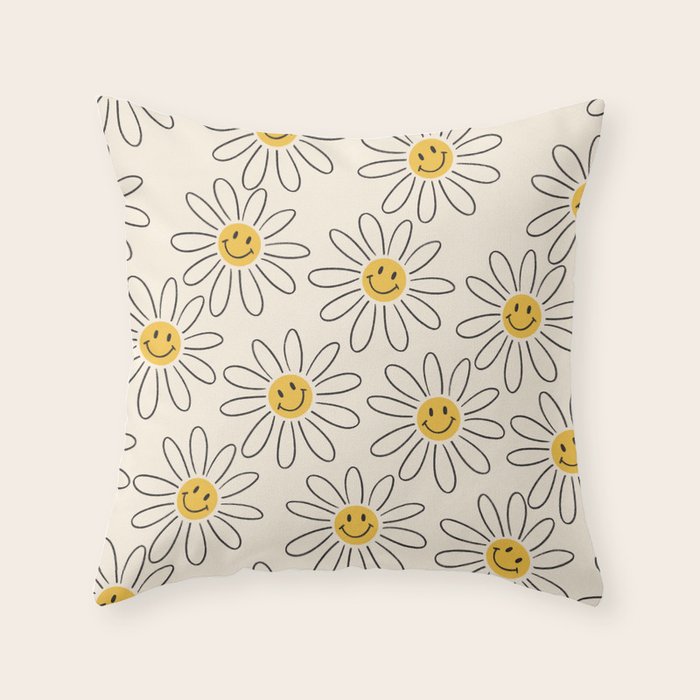 Smiley face 70s Daisy  Throw Pillow Gallery Image 1