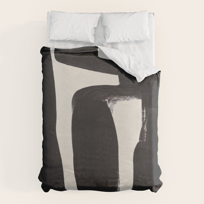 Mid Century Modern Minimalist Abstract Art Brush Strokes Black & White Ink Art Ancient Stripes Duvet Cover Gallery Image 1