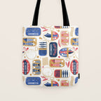Vintage canned sardines // white background peacock teal and mandy red cans  Tote Bag Gallery Image 1