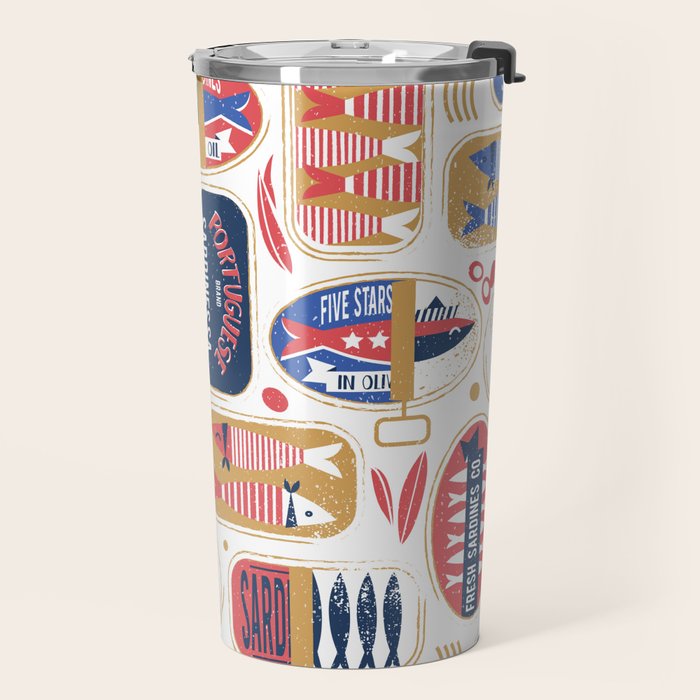 Vintage canned sardines // white background peacock teal and mandy red cans  Travel Mug Gallery Image 2