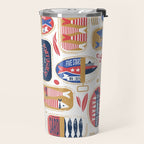 Vintage canned sardines // white background peacock teal and mandy red cans  Travel Mug Gallery Image 2