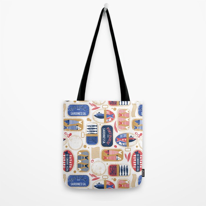 Vintage canned sardines // white background peacock teal and mandy red cans  Tote Bag Gallery Image 2