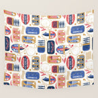 Vintage canned sardines // white background peacock teal and mandy red cans  Wall Tapestry Gallery Image 4