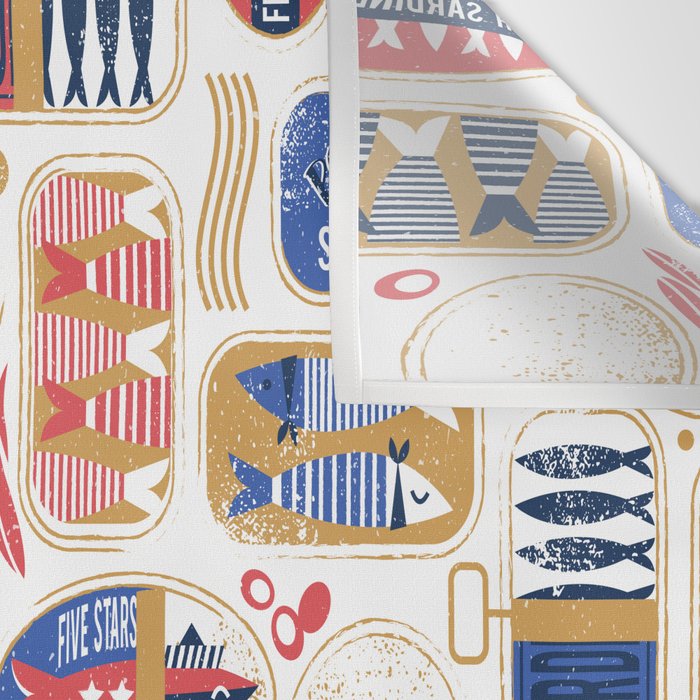 Vintage canned sardines // white background peacock teal and mandy red cans  Wall Tapestry Gallery Image 3