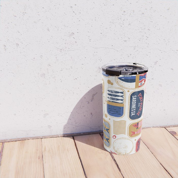 Vintage canned sardines // white background peacock teal and mandy red cans  Travel Mug Gallery Image 4