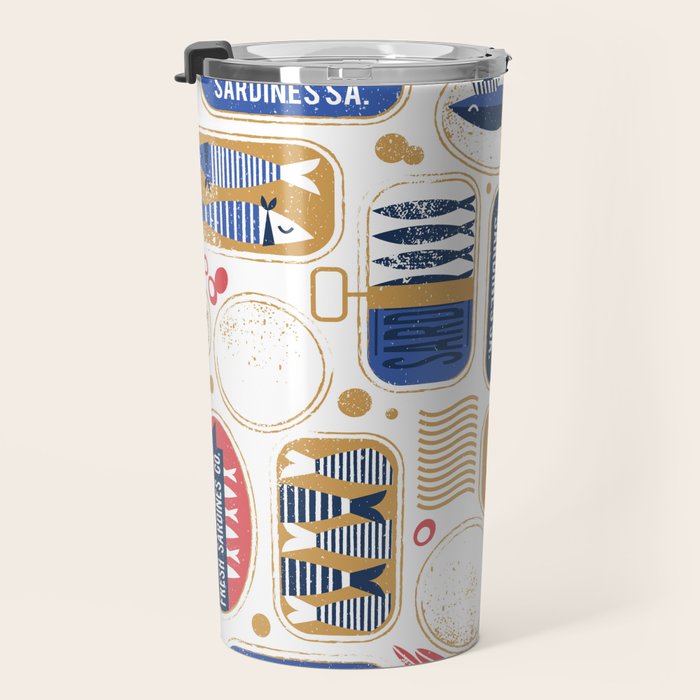 Vintage canned sardines // white background peacock teal and mandy red cans  Travel Mug Gallery Image 3