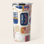 Vintage canned sardines // white background peacock teal and mandy red cans  Travel Mug Gallery Image 1