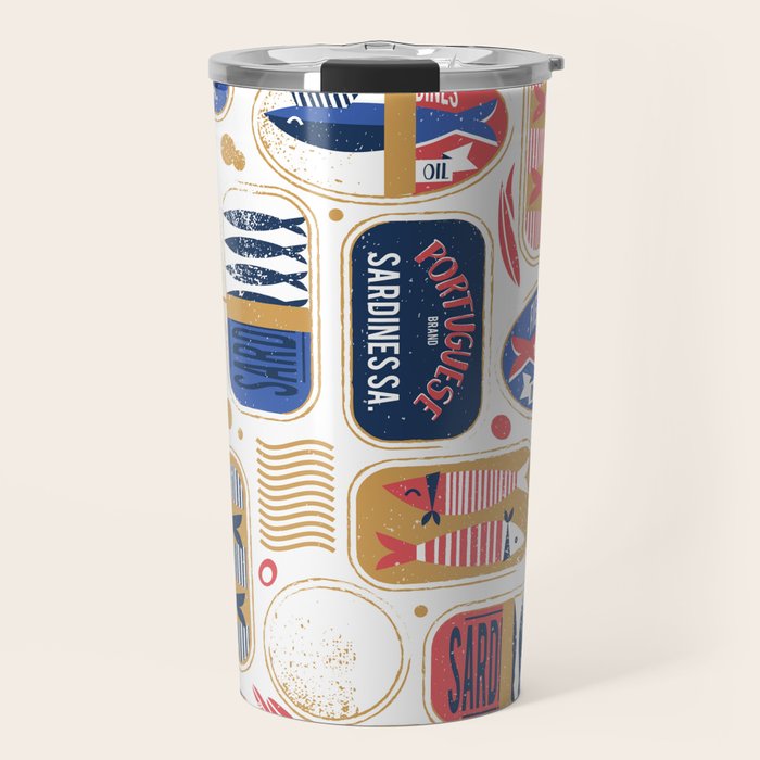 Vintage canned sardines // white background peacock teal and mandy red cans  Travel Mug Gallery Image 1