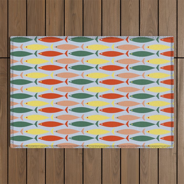 Coastal Fish Stripes Retro Pattern in Red Green Yellow Baby Blue Outdoor Rug Gallery Image 1