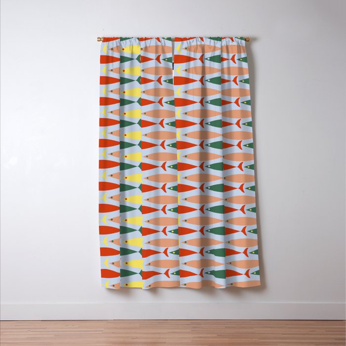 Coastal Fish Stripes Retro Pattern in Red Green Yellow Baby Blue Window Curtain Gallery Image 3