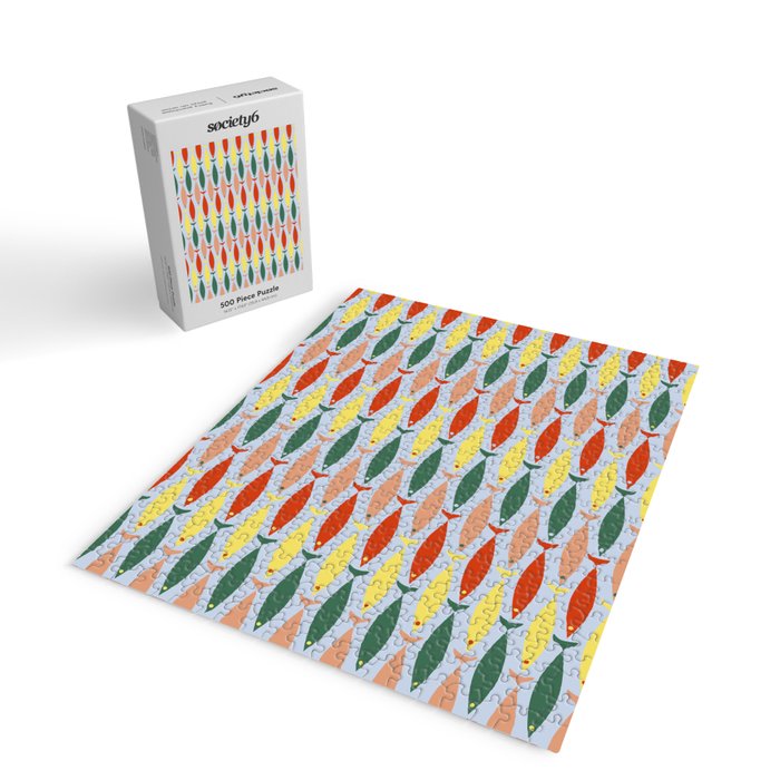 Coastal Fish Stripes Retro Pattern in Red Green Yellow Baby Blue Jigsaw Puzzle Gallery Image 2