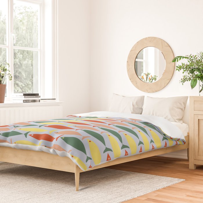 Coastal Fish Stripes Retro Pattern in Red Green Yellow Baby Blue Duvet Cover Gallery Image 2