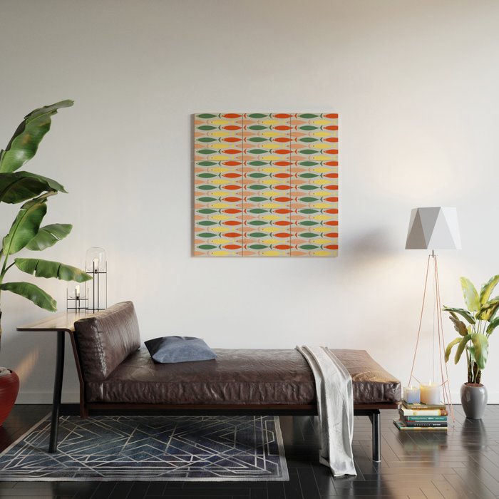 Coastal Fish Stripes Retro Pattern in Red Green Yellow Baby Blue Wood Wall Art Gallery Image 2