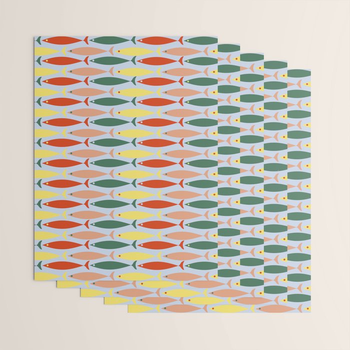 Coastal Fish Stripes Retro Pattern in Red Green Yellow Baby Blue Wrapping Paper Gallery Image 3