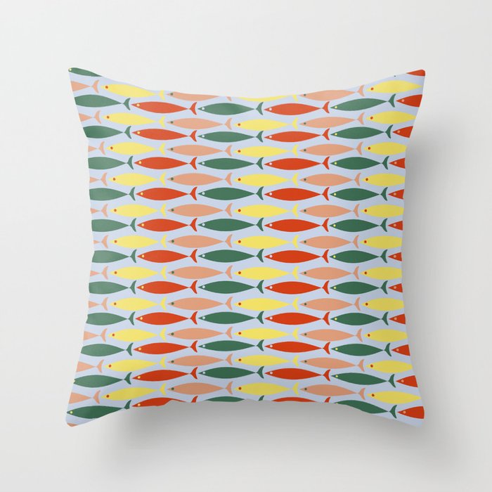 Coastal Fish Stripes Retro Pattern in Red Green Yellow Baby Blue Throw Pillow Gallery Image 6