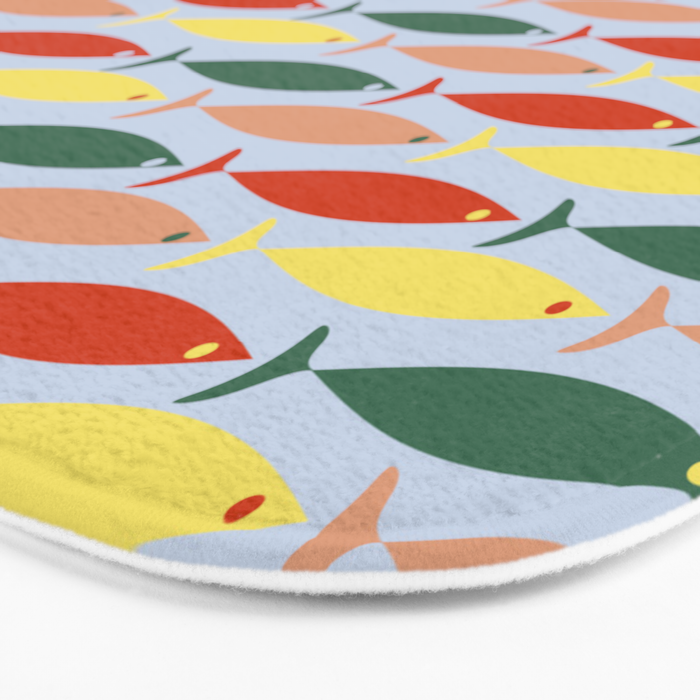 Coastal Fish Stripes Retro Pattern in Red Green Yellow Baby Blue Bath Mat Gallery Image 3