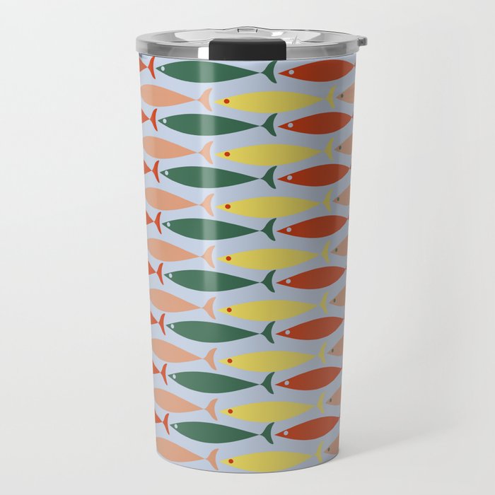 Coastal Fish Stripes Retro Pattern in Red Green Yellow Baby Blue Travel Mug Gallery Image 1