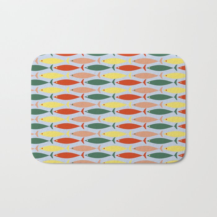 Coastal Fish Stripes Retro Pattern in Red Green Yellow Baby Blue Bath Mat Gallery Image 1