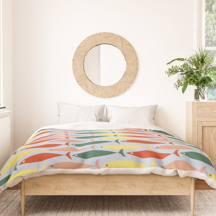 Coastal Fish Stripes Retro Pattern in Red Green Yellow Baby Blue Duvet Cover Gallery Image 3