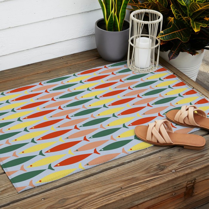 Coastal Fish Stripes Retro Pattern in Red Green Yellow Baby Blue Outdoor Rug Gallery Image 2