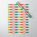 Coastal Fish Stripes Retro Pattern in Red Green Yellow Baby Blue Wrapping Paper Gallery Image 1