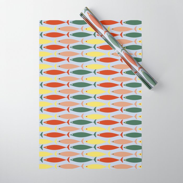 Coastal Fish Stripes Retro Pattern in Red Green Yellow Baby Blue Wrapping Paper Gallery Image 1