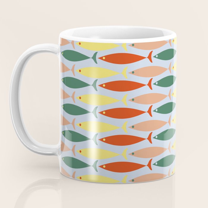 Coastal Fish Stripes Retro Pattern in Red Green Yellow Baby Blue Coffee Mug Gallery Image 3