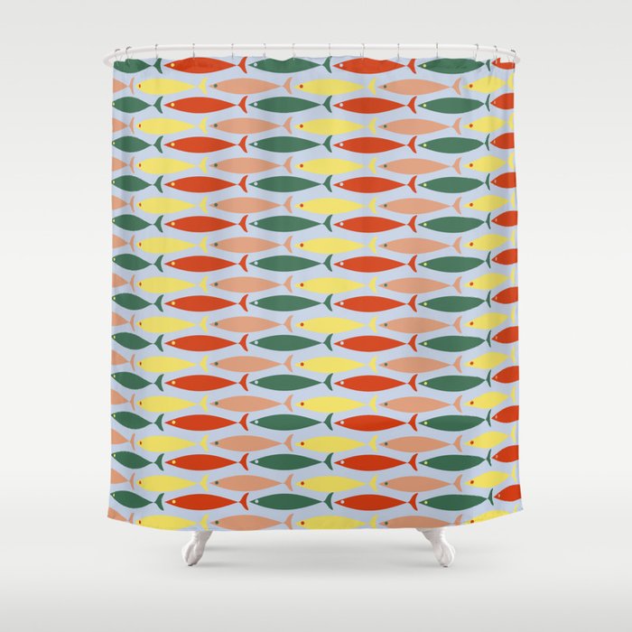 Coastal Fish Stripes Retro Pattern in Red Green Yellow Baby Blue Shower Curtain Gallery Image 1