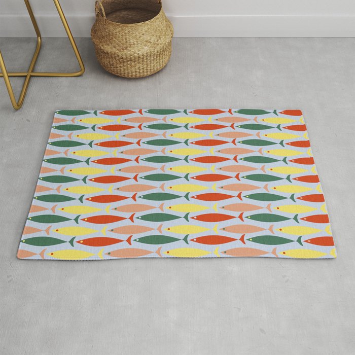 Coastal Fish Stripes Retro Pattern in Red Green Yellow Baby Blue Rug Gallery Image 1