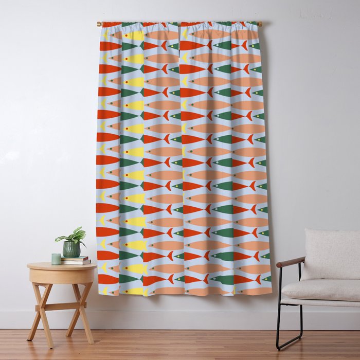 Coastal Fish Stripes Retro Pattern in Red Green Yellow Baby Blue Window Curtain Gallery Image 5