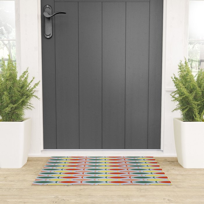 Coastal Fish Stripes Retro Pattern in Red Green Yellow Baby Blue Welcome Mat Gallery Image 3