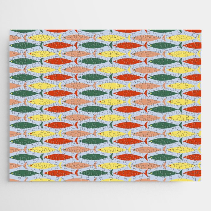 Coastal Fish Stripes Retro Pattern in Red Green Yellow Baby Blue Jigsaw Puzzle Gallery Image 1