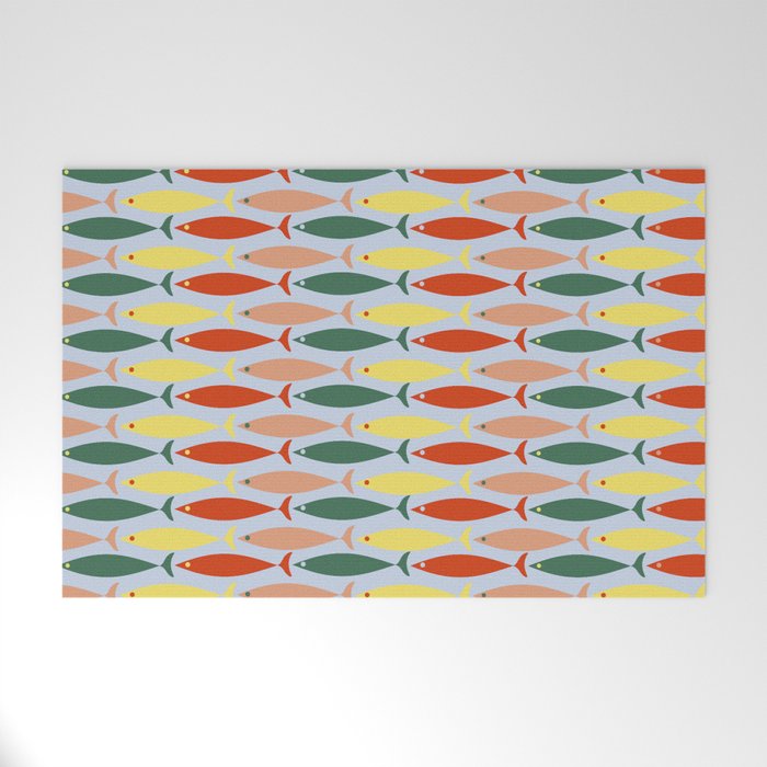 Coastal Fish Stripes Retro Pattern in Red Green Yellow Baby Blue Welcome Mat Gallery Image 1
