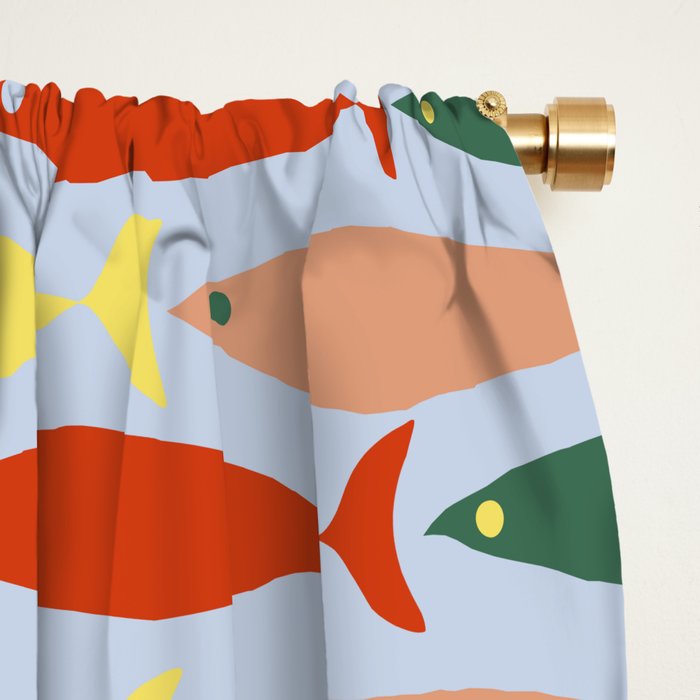 Coastal Fish Stripes Retro Pattern in Red Green Yellow Baby Blue Window Curtain Gallery Image 2