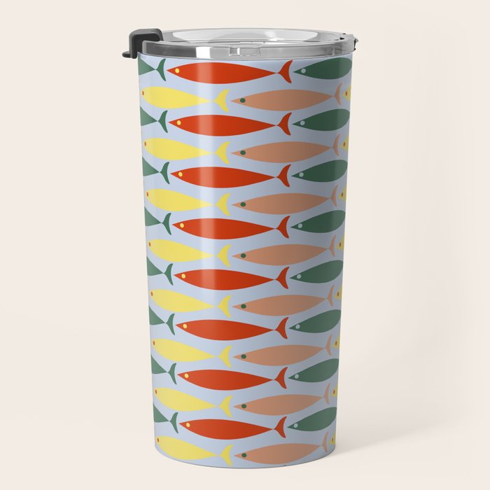 Coastal Fish Stripes Retro Pattern in Red Green Yellow Baby Blue Travel Mug Gallery Image 3