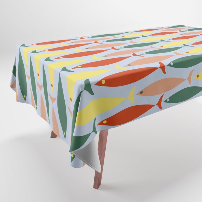 Coastal Fish Stripes Retro Pattern in Red Green Yellow Baby Blue Tablecloth Gallery Image 1