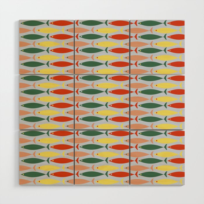 Coastal Fish Stripes Retro Pattern in Red Green Yellow Baby Blue Wood Wall Art Gallery Image 1
