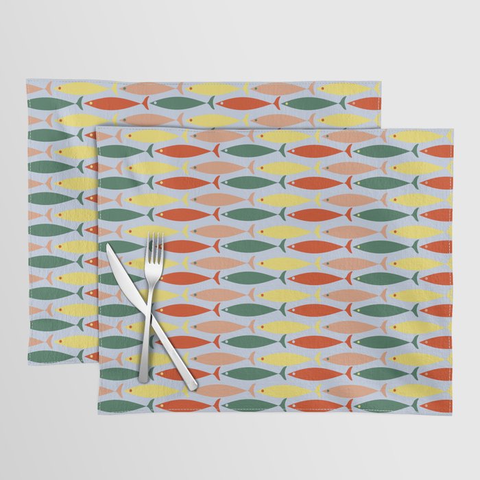 Coastal Fish Stripes Retro Pattern in Red Green Yellow Baby Blue Placemat Gallery Image 1