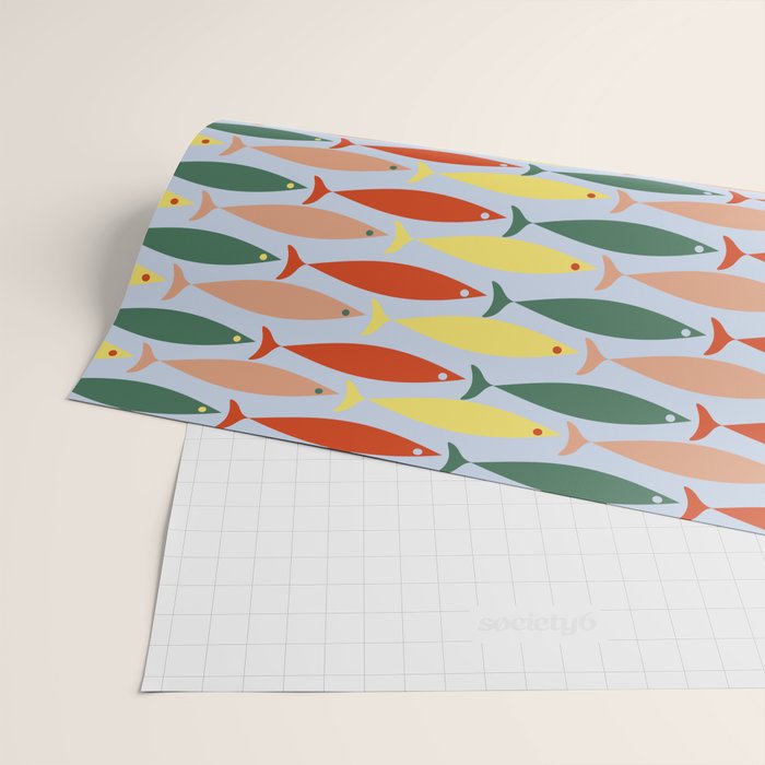 Coastal Fish Stripes Retro Pattern in Red Green Yellow Baby Blue Wrapping Paper Gallery Image 2